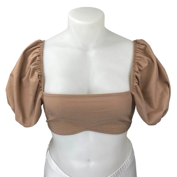 SABO Women's Tan Linen Short Puff Sleeve Bandeau Tube Blouse Crop Top Size M - Picture 1 of 4